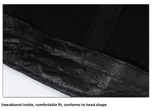 Detail view of the black baseball cap's internal sweatband for comfortable head-hugging fit
