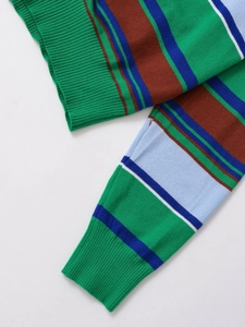 Detail of ribbed cuffs on striped polo knitwear with green and blue patterns