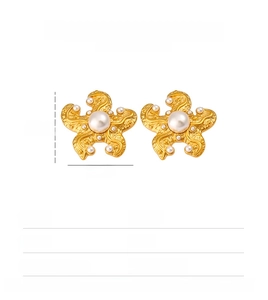 Detail view of 18K gold starfish earrings with white pearls and 34mm size specifications