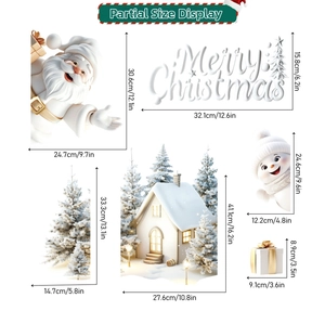 Size chart for 3D Christmas window stickers showing dimensions for Santa and tree
