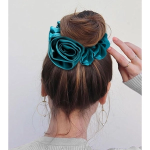 Deep green satin flower scrunchie with 3D rose design for elegant hair styling