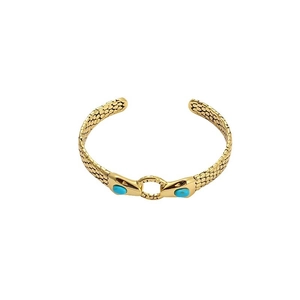 Golden snake wrap cuff bracelet with blue gemstones and detailed scale texture