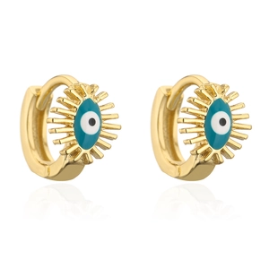 18K gold plated hoop earrings featuring blue enamel evil eye charms on white background