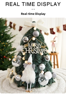 Mini PE desktop Christmas tree with white ornaments, plush angel and warm LED lights