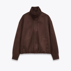 Damen Wildlederimitat Jacke Stehkragen Langarm Reißverschluss Locker Lässig Streetwear Oberbekleidung Tasche Braun