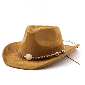 Brown suede bohemian cowboy hat for men and women with beaded shell ethnic band