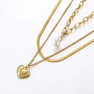 Collier Multicouche En Acier Inoxidable Avec Pendentifs Cœur Et Pièce Künstliche Perle De Coquille Baroque Chaîne Serpent Bijoux Hip Hop