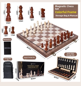 Detailed components of large 2-in-1 magnetic wooden chess and checkers set in packaging