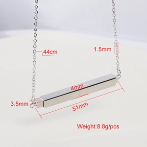 Polished titanium steel bar pendant necklace with specific product dimensions and weight