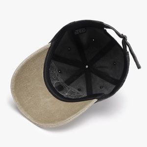 Two-tone cotton baseball cap with khaki brim and black crown featuring metal buckle