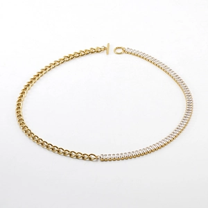 18K gold plated stainless steel necklace featuring Cuban links and rectangular zircon tennis chain