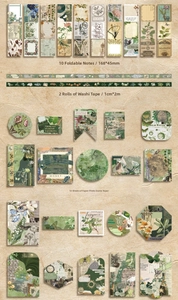 Detail view of vintage botanical stationery set with stickers and washi tapes