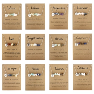 Detail view of 12 Zodiac necklaces with irregular crystals and stainless steel pendants