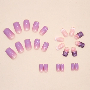 Sweet purple gradient medium square press-on nails with glitter butterfly and star designs