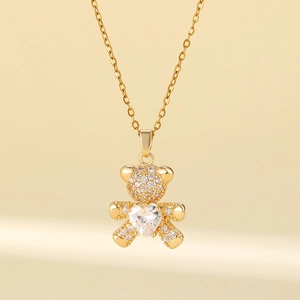 Titanium steel bear pendant necklace with heart-shaped zircon and pave crystals