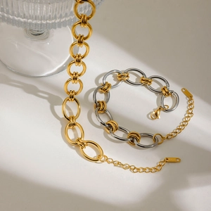 Close-up of two-tone gold and silver stainless steel chain bracelet with S.Steel tag