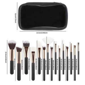 Detailed dimension guide for 15pcs makeup brush set with black waterproof cosmetic bag