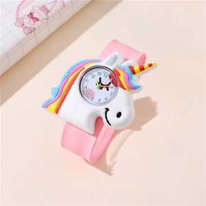Pink cartoon unicorn slap watch for kids featuring a silicone strap and 3D dial design