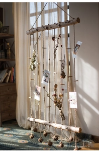 Macro detail of natural birch wood photo wall with hemp rope and pine cone decor