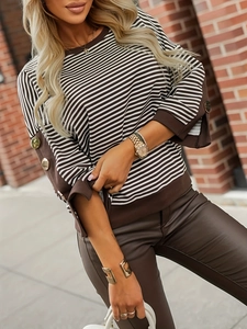 Felpa A Righe Da Donna Maniche Lunghe Girocollo Pullover Con Bottoni Metallici Top Casual Largo Alla Moda