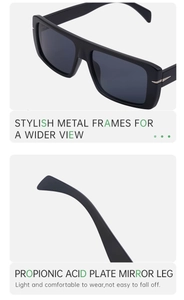Détail de lunettes de soleil carrées polarisées avec accents métalliques et branches fines