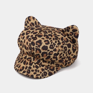 Stylish leopard print newsboy cap with cat ears and retro animal pattern design