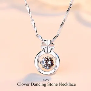 Collier Pendentif Trèfle à Quatre Feuilles Dansant en Argent Sterling 999 Femme Chaîne de Clavicule en Argent Pur S999 Zirconia