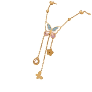 Golden necklace with colorful butterfly flower and water drop pendants on white background
