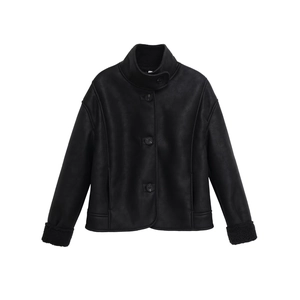 Women Faux Suede Shearling Jacket Stand Collar Single Breasted Fashion Solid Color Casual Outerwear Black