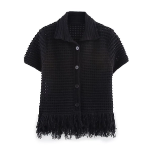 Detail of short sleeve knit cardigan featuring a lapel collar and fringe hem in black