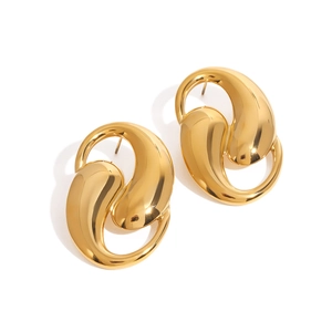 Modern abstract fluid design gold titanium steel earrings with high-gloss polished finish
