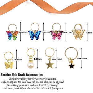 Detailed view of colorful butterfly and star hair pendants with precise size measurements