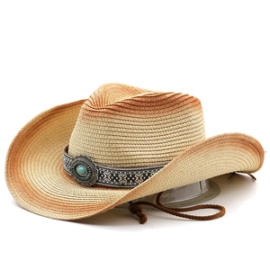 Chapeau de paille cowboy ethnique avec bord dégradé et détail en turquoise