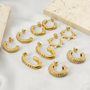 Mode C-Form Ohrringe Edelstahl 18K Vergoldet Mit Künstliche Perle Und Strass Geometrischer Schmuck Für Damen