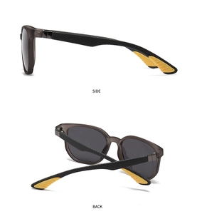 Side and back view of matte gray polarized sunglasses with carbon fiber texture arms