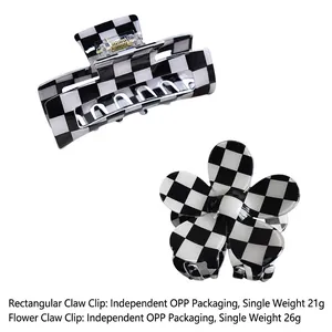 French vintage checkered acetate hair claws in rectangular and flower shapes