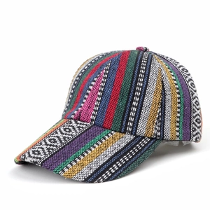 Close-up of the woven bohemian texture and geometric patterns on this retro baseball cap