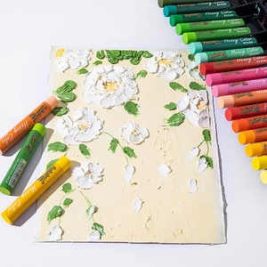 Heavy color oil pastels set with thick textured floral painting on the background