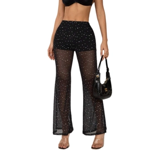 Sexy black sheer mesh flare pants with rhinestones and high waist design for women
