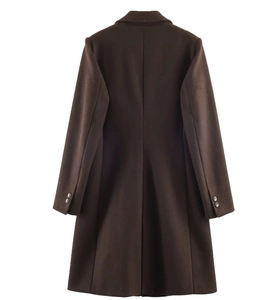 Back view of a long dark brown wool coat with notched lapel and buttoned cuffs