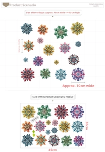 Detailed size chart for mandala snowflake stickers with 45x30cm layout dimensions