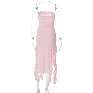 Detail of light pink strapless dress featuring side ruffles and waist pleats design