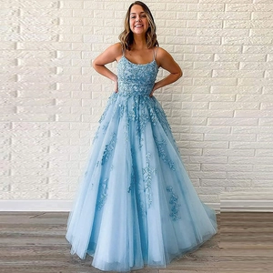 Spaghetti Strap Evening Gown Lace Applique Tulle Prom Dress A-Line Floor Length Formal Party Women