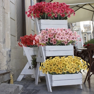 Three-tier white wooden stand holding colorful daisy faux flowers on a sunny terrace