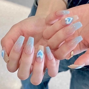 Press On Nails Long Coffin Shape Blue Gradient Heart Pattern Glossy False Nails For Women Students