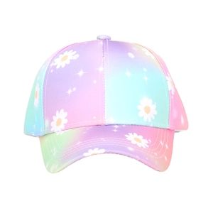 Detail view of colorful tie-dye baseball cap featuring daisy patterns and star accents