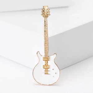 White enamel and gold-plated guitar brooch pin for musical rock fashion accessory