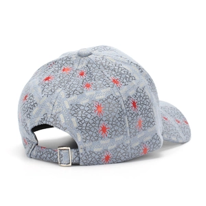 Detail of baseball cap showing adjustable silver buckle and blue denim spiderweb pattern