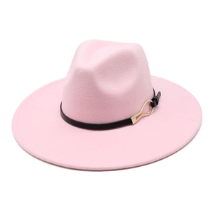 Pink wide brim fedora hat with black leather band and gold metal buckle for autumn winter