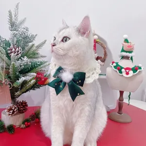 Pet Christmas Collar Bib Handmade Crochet Cotton Velvet Bow With Star Print Festive Neckwear For Cats And Dogs